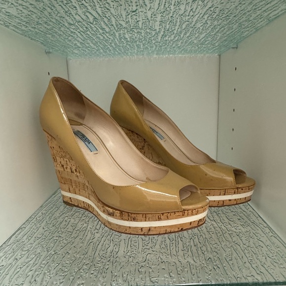 Prada Shoes - PRADA “Vern Cork” Peep Toe Wedge Beige SIZE 39/ US 8.5